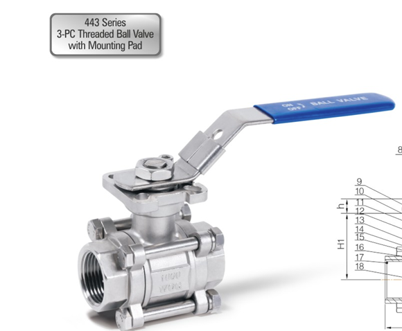 443 Series 3-PC Threaded Ball Valve with Mounting Pad