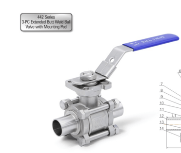 442 Series 3-PC Extended Butt Weld Ball Valve with Mounting Pad