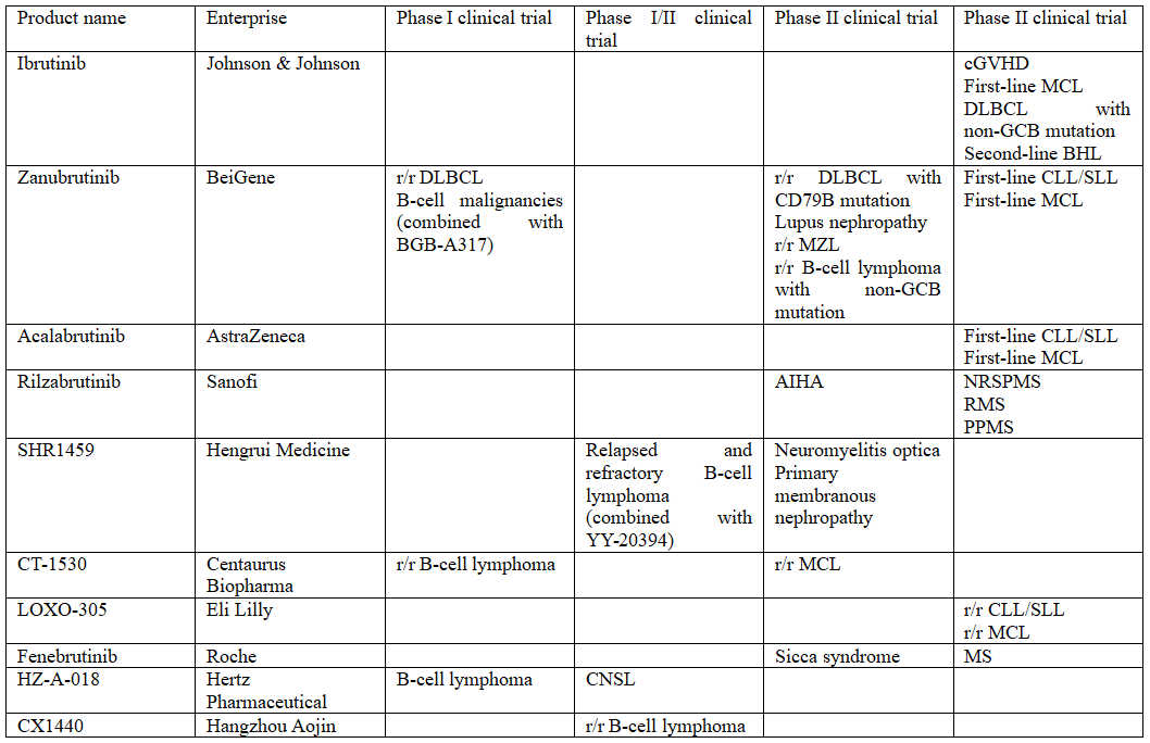 Chinese BTK Inhibitors in Phase II or above 