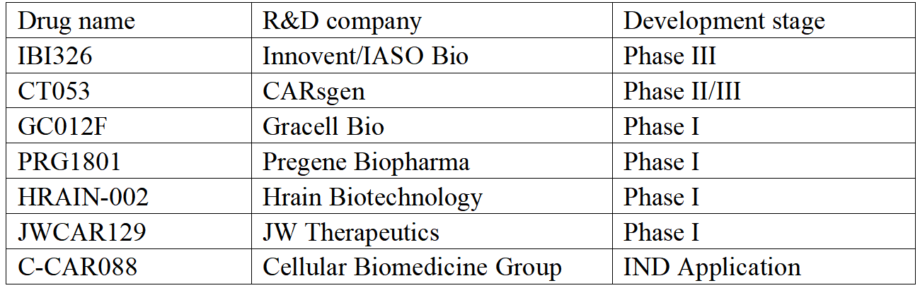 Some Chinese BCMA CAR-T therapy R&D companies