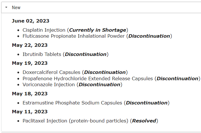 Figure 3 U.S. drug shortages (from FDA's website)