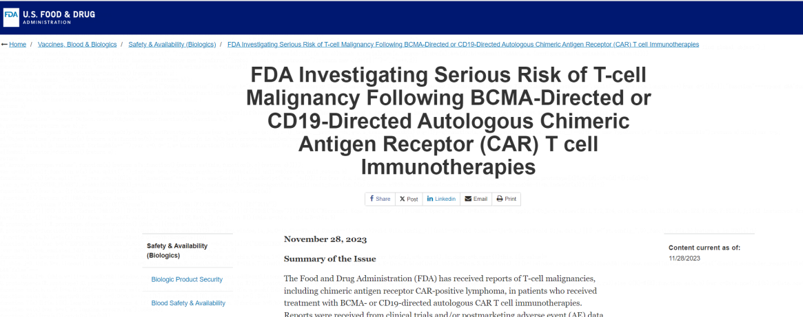 FDA issued statements concerning the risks associated with CAR-T therapy. 