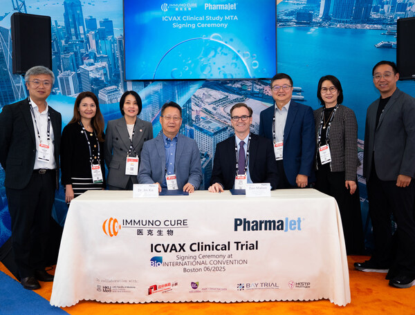 From left to right: Mr. Derek CHIM, Head of Startup Ecosystem and Development of Hong Kong, China Science and Technology Parks Corporation; Ms. Priscilla CHIU, Associate Director of the New Ventures Development of Hong Kong, China Science and Technology Parks Corporation; Ms. Weng-Li YOON, Associate Director of Life and Health Technology (Therapeutics) of Hong Kong, China Science and Technology Parks Corporation; Dr. Xia JIN, CEO and Co-Founder of Immuno Cure; Mr. Dan MALLON, Senior Vice President of Corporate Development of PharmaJet; Professor Zhiwei CHEN, Director of AIDS Institute and Chair Professor of the Department of Microbiology of the University of Hong Kong, China, and Principal Scientific Advisor of Immuno Cure; Ms. Hong GE, General Manager of Beijing Immuno Cure & Assistant to Group CEO; Dr. Steve CHONG, Senior Manager of Life and Health Technology (Therapeutics), of Hong Kong, China Science and Technology Parks Corporation. It captured the memorable moment after signing the MTA " HIV Therapeutic DNA Vaccine (ICVAX) Clinical Study"
